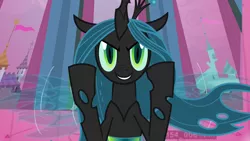 Size: 1280x720 | Tagged: safe, derpibooru import, screencap, queen chrysalis, changeling, changeling queen, a canterlot wedding, animation error, evil grin, female, give us the kingdom, grin, happy, numbers, raised hoof, raised hooves, smiling, smiling at you, solo, triumphant, victorious villain