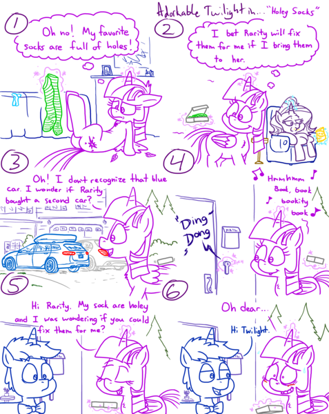 Size: 4779x6013 | Tagged: safe, artist:adorkabletwilightandfriends, derpibooru import, starlight glimmer, twilight sparkle, twilight sparkle (alicorn), oc, oc:greg, oc:tim, alicorn, pony, unicorn, comic:adorkable twilight and friends, adorkable, adorkable twilight, awkward moment, bedroom, blushing, box, butt, car, chips, clothes, comic, couch, cute, door, doorbell, dork, eating, embarrassed, food, glowing horn, grin, holes, horn, house, humor, magic, nervous, nervous grin, plot, shocked, sitting, slice of life, smiling, socks, striped socks, surprised, telekinesis