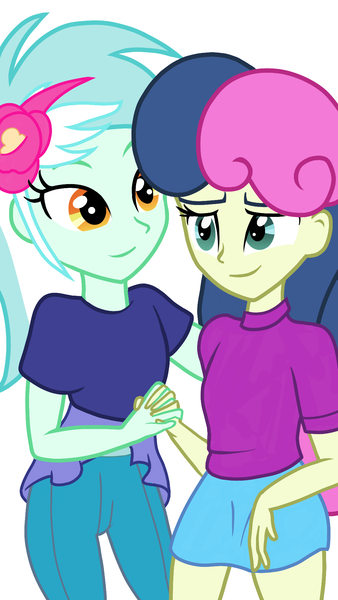 Size: 1080x1920 | Tagged: safe, artist:sallyso, derpibooru import, bon bon, lyra heartstrings, sweetie drops, equestria girls, clothes, female, holding hands, jeans, lesbian, lyrabon, pants, shipping, shirt, simple background, skirt, sweater, t-shirt, white background