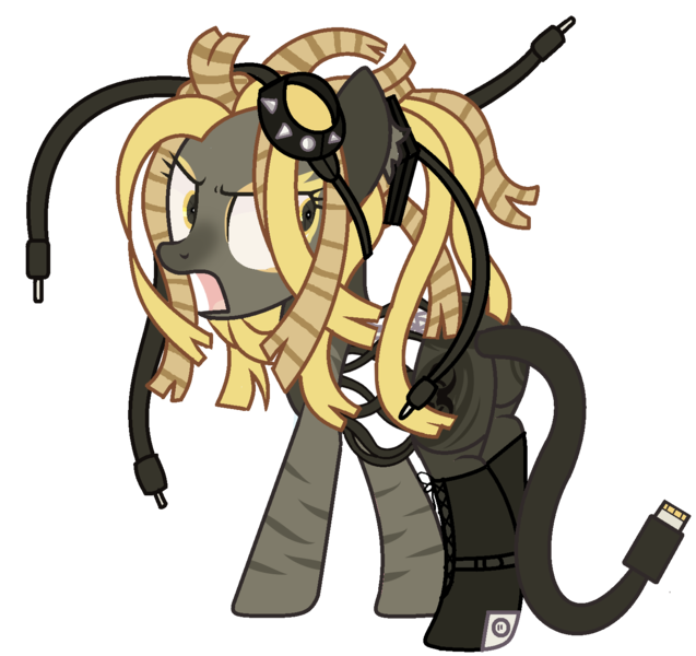 Size: 1424x1341 | Tagged: safe, artist:klewgcg, artist:rukemon, derpibooru import, oc, oc:catherine mayer, unofficial characters only, cyborg, earth pony, pony, amputee, augmented tail, base used, boots, butt, clothes, commission, cyber-questria, cybergoth, eyeshadow, female, goggles, makeup, mare, markings, multicolored hair, open mouth, outlet, plot, plug, prosthetic leg, prosthetic limb, prosthetics, shoes, simple background, socket, solo, spine, transparent background, wires