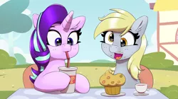 Size: 4453x2500 | Tagged: safe, artist:pabbley, derpibooru import, derpy hooves, starlight glimmer, pegasus, pony, unicorn, cup, cute, day, derpabetes, duo, eating, food, friendshipping, glimmerbetes, happy, herbivore, high res, muffin, ponyville, sitting, table, talking, teacup, that pony sure does love muffins
