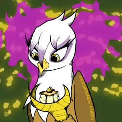 Size: 1900x1900 | Tagged: safe, artist:backgrounds-ponies, derpibooru import, gilda, gryphon, the lost treasure of griffonstone, bust, female, folded wings, griffon scone, holding, image, looking down, open eyes, png, scone, signature, sitting, solo, this will end in death, this will end in tears, this will end in tears and/or death, wings