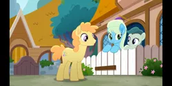 Size: 2160x1080 | Tagged: safe, derpibooru import, screencap, spring sprout, earth pony, pony, rainbow roadtrip, confetti party, female, guiding heart, male, mare, photo, smiling, stallion