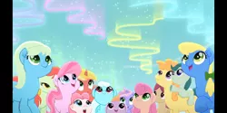 Size: 2160x1080 | Tagged: safe, derpibooru import, screencap, spring sprout, stargazer (character), thistle rain, tulip bulb, tulip rose, unnamed character, unnamed pony, earth pony, pegasus, pony, unicorn, rainbow roadtrip, apple juice (character), background pony, cardinal rose, celebrating, cherry lemonade, cloud cover, confetti party, female, filly, guiding heart, happy, male, mare, meadow bloom, oak sprout, photo, ponies riding ponies, riding, stallion