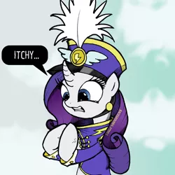 Size: 2000x2000 | Tagged: safe, artist:backgrounds-ponies, derpibooru import, rarity, pony, unicorn, ancient wonderbolts uniform, bipedal, clothes, crying, female, gritted teeth, hoof hold, itchy, mare, sgt. rarity, solo, uniform