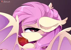 Size: 3426x2425 | Tagged: safe, artist:xsatanielx, derpibooru import, fluttershy, bat pony, advertisement, apple, bat ponified, biting, female, flutterbat, food, high res, looking at you, patreon, patreon logo, patreon preview, paywall content, profile, race swap, solo