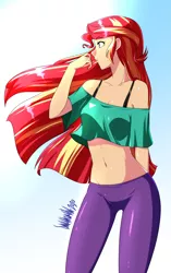 Size: 2989x4750 | Tagged: safe, artist:danmakuman, derpibooru import, sunset shimmer, equestria girls, belly button, bra, bra strap, breasts, cleavage, clothes, female, high res, leggings, midriff, short shirt, solo, tights, underwear, windswept hair