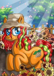 Size: 1280x1793 | Tagged: safe, artist:blademanunitpi, derpibooru import, oc, oc:sweet potato, earth pony, day, earth pony oc, flower, garden, gardening, hat, kneeling, solo, sunflower, tree