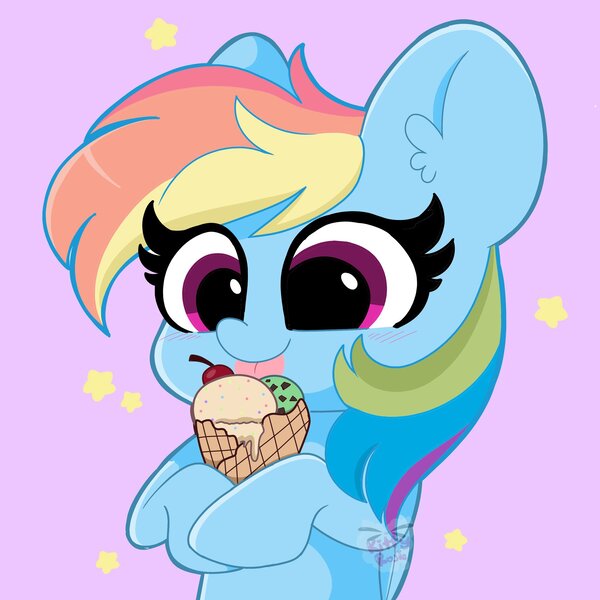 Size: 2048x2048 | Tagged: safe, artist:kittyrosie, derpibooru import, rainbow dash, pegasus, pony, cute, dashabetes, ear fluff, female, food, high res, ice cream, licking, mare, purple background, simple background, solo, stars, tongue out, waffle cone