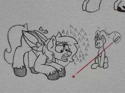 Size: 2013x1499 | Tagged: safe, artist:drheartdoodles, derpibooru import, oc, oc:dr.heart, clydesdale, pegasus, pony, unicorn, angry, background pony, behaving like a cat, laser pointer, magic, size difference, traditional art, yelling