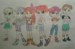 Size: 2010x1321 | Tagged: safe, artist:jebens1, derpibooru import, apple bloom, scootaloo, sweetie belle, equestria girls, legend of everfree, boots, clothes, clothes swap, converse, cowboy boots, cutie mark crusaders, female, jeans, looking at you, pants, pippi longstocking, shirt, shoes, shorts, simple background, skirt, traditional art