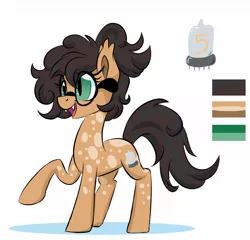 Size: 1302x1248 | Tagged: safe, artist:jen-neigh, derpibooru import, oc, oc:nixie tube, earth pony, pony, cute, cute little fangs, dappled, fangs, female, glasses, half bat pony, mare, raised leg, reference sheet, solo