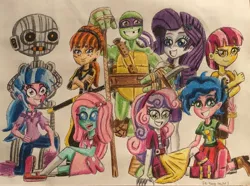 Size: 3689x2738 | Tagged: safe, artist:bozzerkazooers, derpibooru import, melody, ocellus, patch (g1), rarity, silverstream, sweetie belle, equestria girls, my little pony tales, april o'neil, blouse, boots, clothes, donatello, equestria girls-ified, female, fugitoid, g1, g1 to equestria girls, g1 to g4, generation leap, looking at you, ninja, pose, shirt, shoes, simple background, sitting, skirt, smiling, teenage mutant ninja turtles, traditional art
