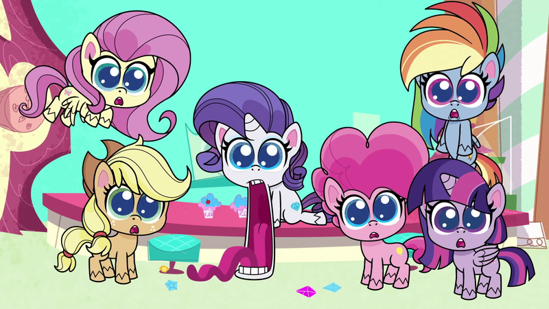 Size: 1920x1080 | Tagged: safe, derpibooru import, screencap, applejack, fluttershy, pinkie pie, rainbow dash, rarity, twilight sparkle, director spike's mockumentary, my little pony: pony life, spoiler:pony life s01e21, spoiler:pony life s01e36, big eyes, dilated pupils, female, gem, jaw drop, looking at you, tongue out