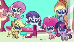 Size: 1920x1080 | Tagged: safe, derpibooru import, screencap, applejack, fluttershy, pinkie pie, rainbow dash, rarity, twilight sparkle, director spike's mockumentary, my little pony: pony life, spoiler:pony life s01e21, spoiler:pony life s01e36, big eyes, dilated pupils, female, gem, jaw drop, looking at you, tongue out