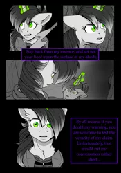 Size: 1600x2291 | Tagged: safe, artist:tillie-tmb, derpibooru import, oc, oc:tempest, pony, unicorn, comic:the amulet of shades, comic, female, magic, mare, monochrome, neo noir, partial color, reflection, solo