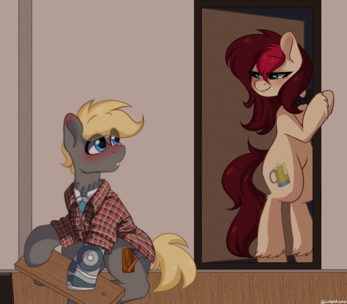 Size: 3113x2728 | Tagged: suggestive, artist:cottonsweets, derpibooru import, oc, oc:appleale, oc:maplewood, earth pony, pony, amputee, bedroom eyes, blushing, female, flannel shirt, male, mare, prosthetic limb, prosthetics, stallion, wood