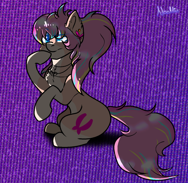 Size: 1118x1090 | Tagged: safe, artist:naaltive, derpibooru import, oc, oc:bijou butterfly, earth pony, ear piercing, earring, female, gradient background, jewelry, piercing, raised eyebrow, socks (coat marking), solo, thinking