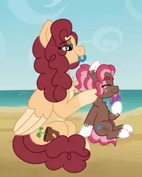 Size: 1730x2160 | Tagged: safe, artist:pink-pone, derpibooru import, oc, oc:ginger bread, oc:heather, pony, beach, female, filly, food, mare, popsicle