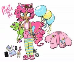 Size: 1280x1063 | Tagged: source needed, safe, artist:plumsweet, derpibooru import, gummy, pinkie pie, alligator, human, balloon, bow, bracelet, candy, choker, clothes, cute, eared humanization, fashion, food, hairclip, humanized, jacket, jewelry, mobile phone, necklace, overalls, pen, pencil, pet, phone, shoes, socks, striped socks, suspenders, tailed humanization, tanktop