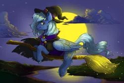 Size: 1500x1000 | Tagged: safe, artist:marinavermilion, derpibooru import, oc, unofficial characters only, pegasus, pony, broom, chest fluff, flying, flying broomstick, hat, moon, night, solo, witch hat