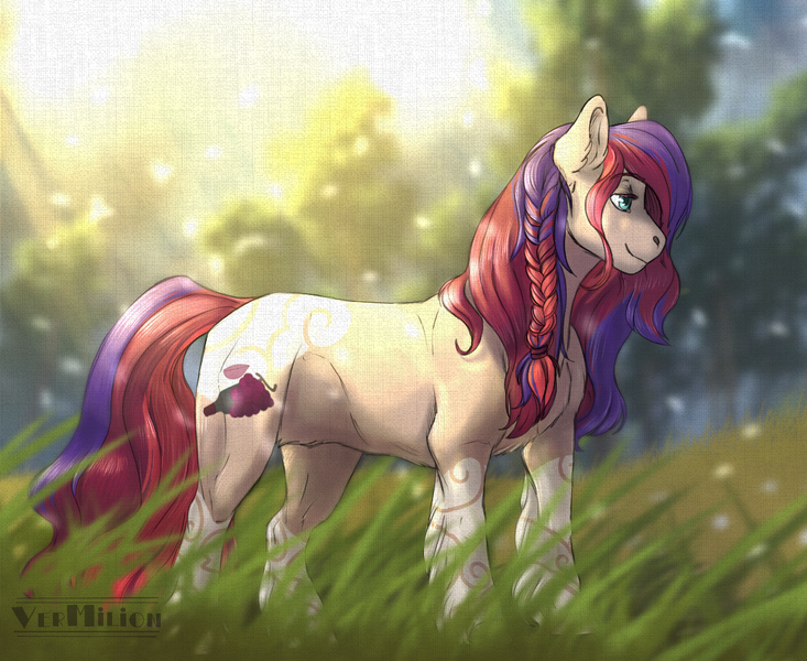 Size: 1100x900 | Tagged: safe, artist:marinavermilion, derpibooru import, oc, unofficial characters only, earth pony, pony, braid, grass, solo