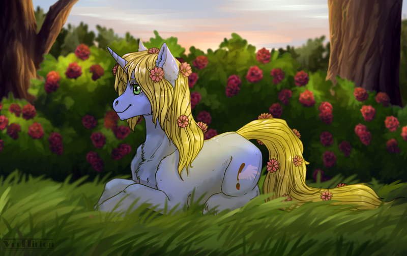 Size: 1935x1216 | Tagged: safe, artist:marinavermilion, derpibooru import, oc, oc:art's desire, unofficial characters only, pony, unicorn, flower, flower in hair, rose, solo