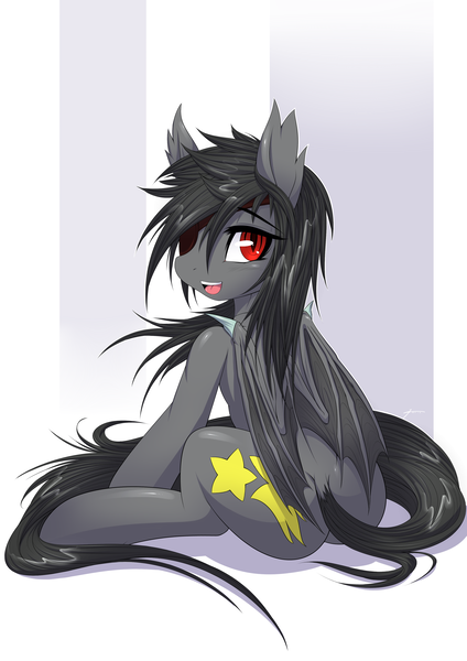 Size: 2893x4092 | Tagged: safe, artist:mirapony, derpibooru import, oc, oc:falling star, unofficial characters only, bat pony, pony, bat pony oc, bat wings, butt, cutie mark, digital art, female, hooves, looking at you, mare, open mouth, plot, simple background, sitting, solo, tail, wings