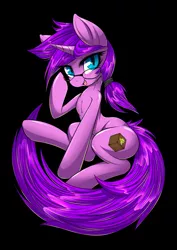 Size: 2893x4092 | Tagged: safe, alternate version, artist:mirapony, derpibooru import, oc, oc:silk road, unofficial characters only, pony, unicorn, black background, butt, commission, cutie mark, digital art, glasses, hooves, horn, looking at you, plot, simple background, sitting, tail, unicorn oc