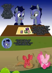 Size: 1076x1502 | Tagged: safe, artist:ladyanidraws, derpibooru import, pinkie pie, oc, oc:adamant, oc:pun, oc:westwood, earth pony, pony, ask pun, ask, earth pony oc, horses doing horse things, implied changeling, rolling