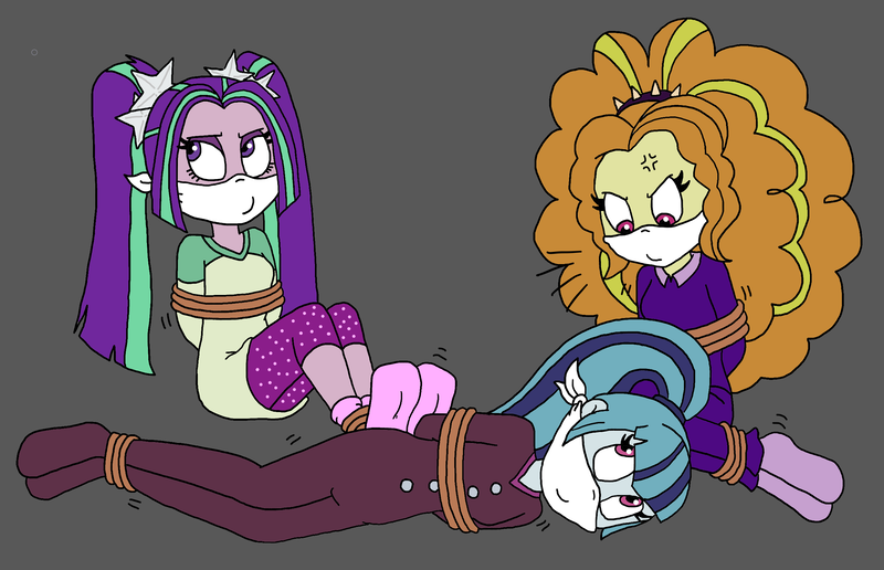 Size: 2580x1664 | Tagged: safe, artist:bugssonicx, derpibooru import, adagio dazzle, aria blaze, sonata dusk, equestria girls, ariasub, bondage, bound and gagged, buttons, cloth gag, clothes, commission, concerned, cross-popping veins, cute, disguise, disguised siren, female, femsub, footed sleeper, footie pajamas, gag, headband, irritated, onesie, otn gag, over the nose gag, pajamas, pants, pigtails, rope, rope bondage, shirt, siblings, sisters, socks, sonatabetes, sonatasub, subdagio, submissive, t-shirt, the dazzlings, tied up, trio, trio female, twintails