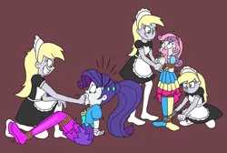 Size: 2581x1736 | Tagged: safe, artist:bugssonicx, derpibooru import, derpy hooves, rarity, sweetie belle, equestria girls, bondage, bound and gagged, clones, cloth gag, clothes, commission, cute, evil grin, female, femsub, french maid, gag, grin, headband, irritated, jacket, leggings, maid, makes just as much sense in context, multeity, music festival outfit, ponytail, rarisub, rope, rope bondage, scared, siblings, sisters, smiling, socks, stuffed gag, subdorable, submissive, sweetiesub, tied up, triality