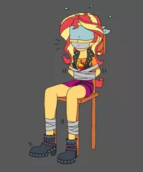 Size: 1333x1597 | Tagged: safe, artist:bugssonicx, derpibooru import, sunset shimmer, equestria girls, ankle boots, blindfold, bondage, boots, bound and gagged, chair, clothes, cute, cutie mark, cutie mark on clothes, duct tape, female, femsub, gag, jacket, kidnapped, legs, literal metaphor, shirt, shoes, sitting, skirt, solo, struggling, subdorable, submissive, subset, tape, tape bondage, tape gag, tied to chair, tied up