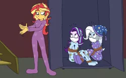 Size: 1746x1083 | Tagged: safe, artist:bugssonicx, derpibooru import, starlight glimmer, sunset shimmer, trixie, equestria girls, annoyed, bags under eyes, bed hair, bondage, bound and gagged, cloth gag, clothes, commission, female, femsub, footed sleeper, footie pajamas, gag, hat, irritated, kite, looking up, messy hair, nightcap, not in the mood, onesie, otn gag, over the nose gag, pajamas, pattern, rope, rope bondage, staircase, starlight is not amused, struggling, sublight glimmer, submissive, sunset shimmer is not amused, sunset's apartment, that pony sure does love kites, the weak and powerless trixie, tied up, trio, trio female, trixie's hat, trixsub, unamused