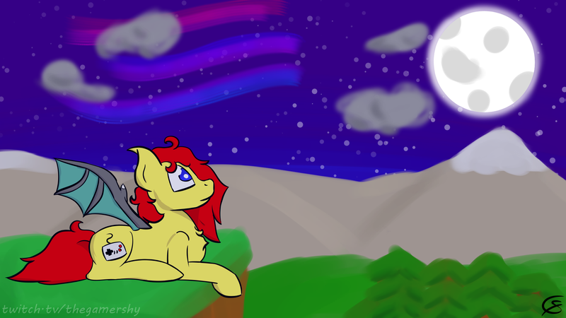 Size: 1920x1080 | Tagged: safe, artist:gamer-shy, derpibooru import, oc, oc:gamershy yellowstar, unofficial characters only, bat pony, pony, aurora borealis, blue eyes, cliff, cliffside, cloud, forest, image, moon, mountain, night, png, prone, red hair, red mane, snowy peaks, stars, tree, yellow coat, yellow fur