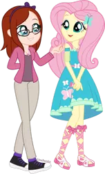 Size: 1280x2103 | Tagged: safe, artist:limedazzle, derpibooru import, fluttershy, oc, oc:sophie, equestria girls, clothes, jecket, pants, show accurate, simple background, transparent background