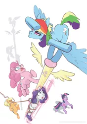 Size: 2700x3840 | Tagged: safe, artist:icychamber, derpibooru import, applejack, fluttershy, pinkie pie, rainbow dash, rarity, twilight sparkle, earth pony, pegasus, unicorn, bondage, female, glowing horn, horn, mane six, pole, pole tied, rope, rope bondage, species swap