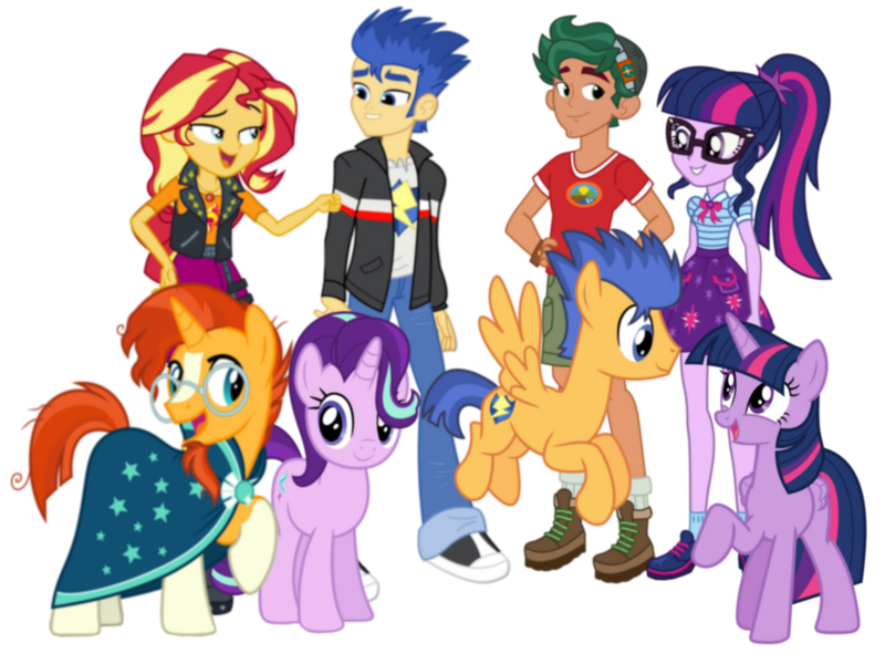 Size: 1280x960 | Tagged: safe, artist:media1997, derpibooru import, flash sentry, sci-twi, starlight glimmer, sunburst, sunset shimmer, timber spruce, twilight sparkle, twilight sparkle (alicorn), alicorn, pony, equestria girls, female, flashimmer, flashlight, human ponidox, male, self ponidox, shipping, simple background, starburst, straight, timbertwi, transparent background, twolight