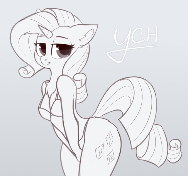 Size: 2000x1871 | Tagged: suggestive, artist:anti1mozg, derpibooru import, rarity, anthro, unicorn, bra, breasts, clothes, commission, cutie mark, female, horn, image, jpeg, monochrome, panties, solo, solo female, underwear, ych example, your character here