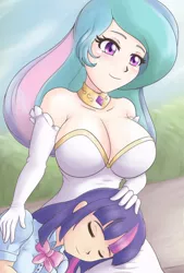 Size: 1080x1600 | Tagged: suggestive, artist:feudal-fiction, derpibooru import, princess celestia, twilight sparkle, human, equestria girls, big breasts, breasts, busty princess celestia, cleavage, clothes, eyes closed, female, gloves, human coloration, humanized, jewelry, long gloves, lying down, momlestia, necklace, regalia