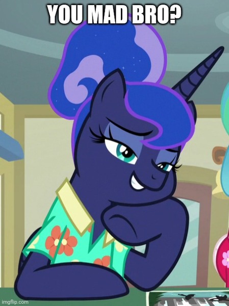 Size: 500x668 | Tagged: safe, derpibooru import, edit, edited screencap, editor:nc-tv, screencap, princess celestia, princess luna, alicorn, pony, between dark and dawn, alternate hairstyle, caption, clothes, cropped, eyeshadow, female, hair bun, hawaiian shirt, hoof under chin, image macro, imgflip, lidded eyes, makeup, mare, meme, shirt, solo focus, text, that pony sure does love the post office, underhoof, vacation, you mad bro