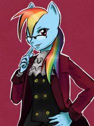 Size: 600x800 | Tagged: safe, artist:r-i-s-e, derpibooru import, rainbow dash, anthro, ace attorney, clothes, crossover, female, glasses, miles edgeworth, solo