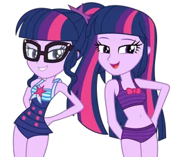 Size: 10553x9568 | Tagged: safe, artist:alandssparkle, artist:aryatheeditor, derpibooru import, edit, vector edit, sci-twi, twilight sparkle, twilight sparkle (alicorn), alicorn, equestria girls, beach shorts swimsuit, belly button, bikini, clothes, duo, duo female, female, glasses, looking at you, one-piece swimsuit, ponytail, show accurate, simple background, sleeveless, swimsuit, transparent background, twilight sparkes' beach shorts swimsuit, twolight, vector
