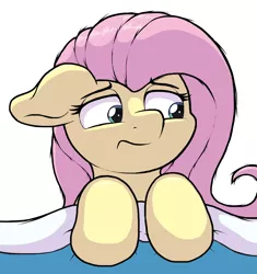 Size: 2825x3000 | Tagged: safe, artist:ljdamz1119, derpibooru import, fluttershy, pony, bed, blanket, bust, female, floppy ears, high res, lidded eyes, looking away, lying down, mare, on back, on bed, simple background, solo, tired, white background