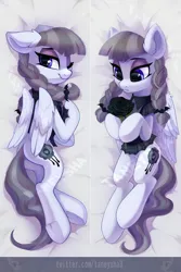 Size: 708x1063 | Tagged: safe, artist:taneysha, derpibooru import, inky rose, pegasus, pony, honest apple, black rose, body pillow, body pillow design, commission, cute, ear fluff, female, flower, goth, inkabetes, lying down, mare, on back, one eye closed, rose, smiling, solo, watermark, wink