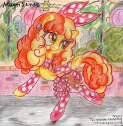 Size: 2179x2237 | Tagged: safe, artist:magnifsunspiration, derpibooru import, oc, oc:tangerine jellybean, apron, clothes, female, polka dots, solo