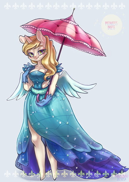 Size: 940x1321 | Tagged: anthro, artist:mirululu, bedroom eyes, blue background, canterlot boutique, clothes, derpibooru import, dress, female, gloves, looking at you, parasol (umbrella), princess dress, safe, simple background, solo, sweet biscuit, umbrella, unguligrade anthro, wings