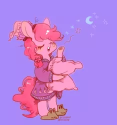 Size: 750x800 | Tagged: safe, artist:mirululu, derpibooru import, gummy, pinkie pie, earth pony, pony, alternate hairstyle, bipedal, clothes, crescent moon, cute, diapinkes, eyes closed, female, hat, hoof hold, mare, moon, nightcap, open mouth, pajamas, pillow, purple background, simple background, slippers, solo, yawn