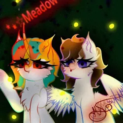 Size: 1080x1080 | Tagged: safe, artist:nel_liddell, derpibooru import, oc, unofficial characters only, firefly (insect), insect, pegasus, pony, unicorn, bust, chest fluff, duo, eyelashes, horn, pegasus oc, raised hoof, signature, unicorn oc, waving, wings