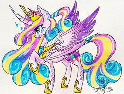 Size: 1080x824 | Tagged: safe, artist:galaxy.in.mind, derpibooru import, princess cadance, princess flurry heart, alicorn, pony, curved horn, female, fusion, hoof shoes, horn, horn jewelry, jewelry, mare, peytral, raised hoof, signature, solo, traditional art